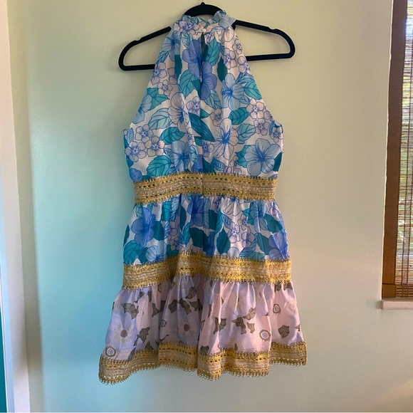 Blue High Neck Hibiscus Dress - Picture 2 of 6